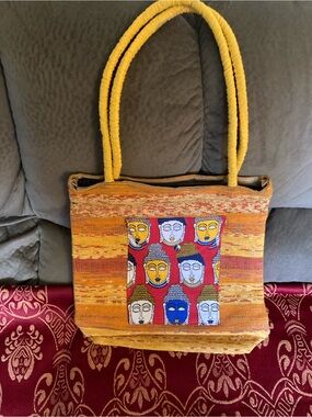 Yellow Woven Buddha Panel Tote Bag - Women's Shoulder Tote
